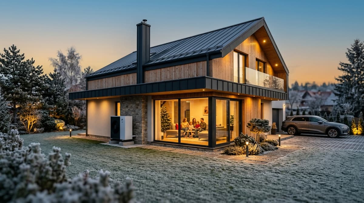 Vilă modernă din România cu pompă de căldură, seară de iarnă cu familia vizibilă prin geamuri