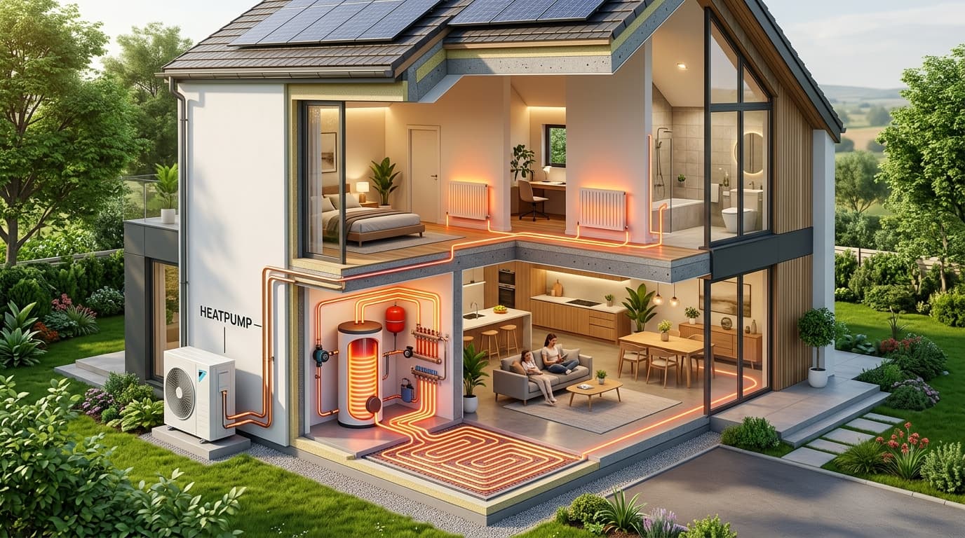 Sistem complet pompă de căldură: unitate exterioară, încălzire în pardoseală și radiatoare într-o casă modernă