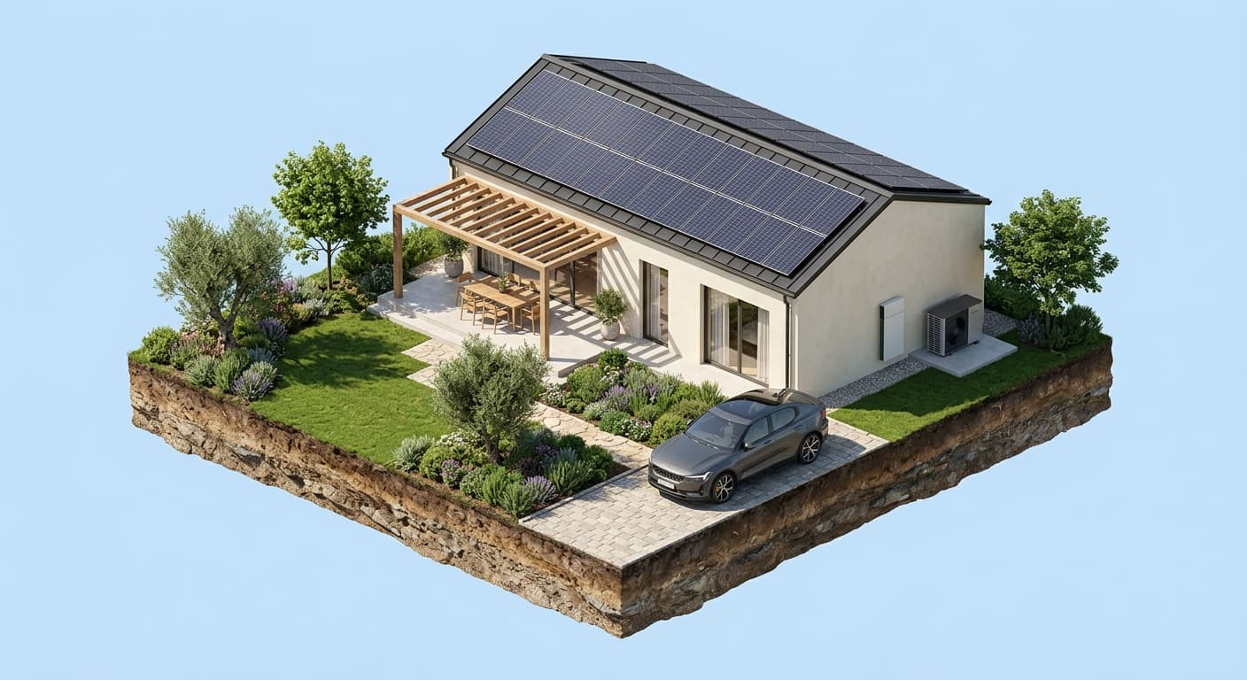 Casă modernă cu panouri fotovoltaice, baterie de stocare, pompă de căldură și mașină electrică — vizualizare izometrică