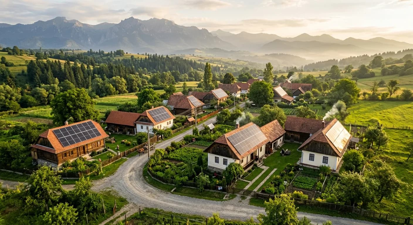 Casă cu panouri fotovoltaice pe acoperiș, vedere aeriană