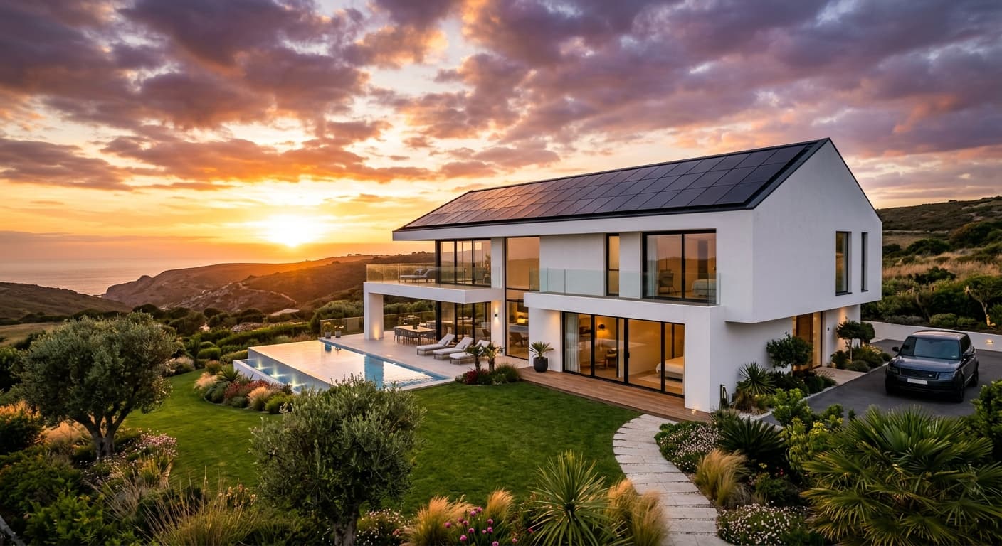 Panouri solare pe vilă la apus