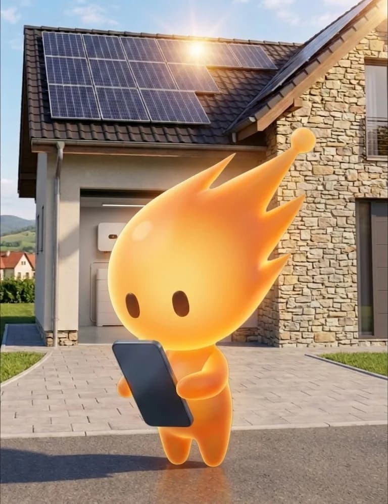 Spark în fața casei cu panouri, verifică pe telefon dacă sistemul performează cât trebuie