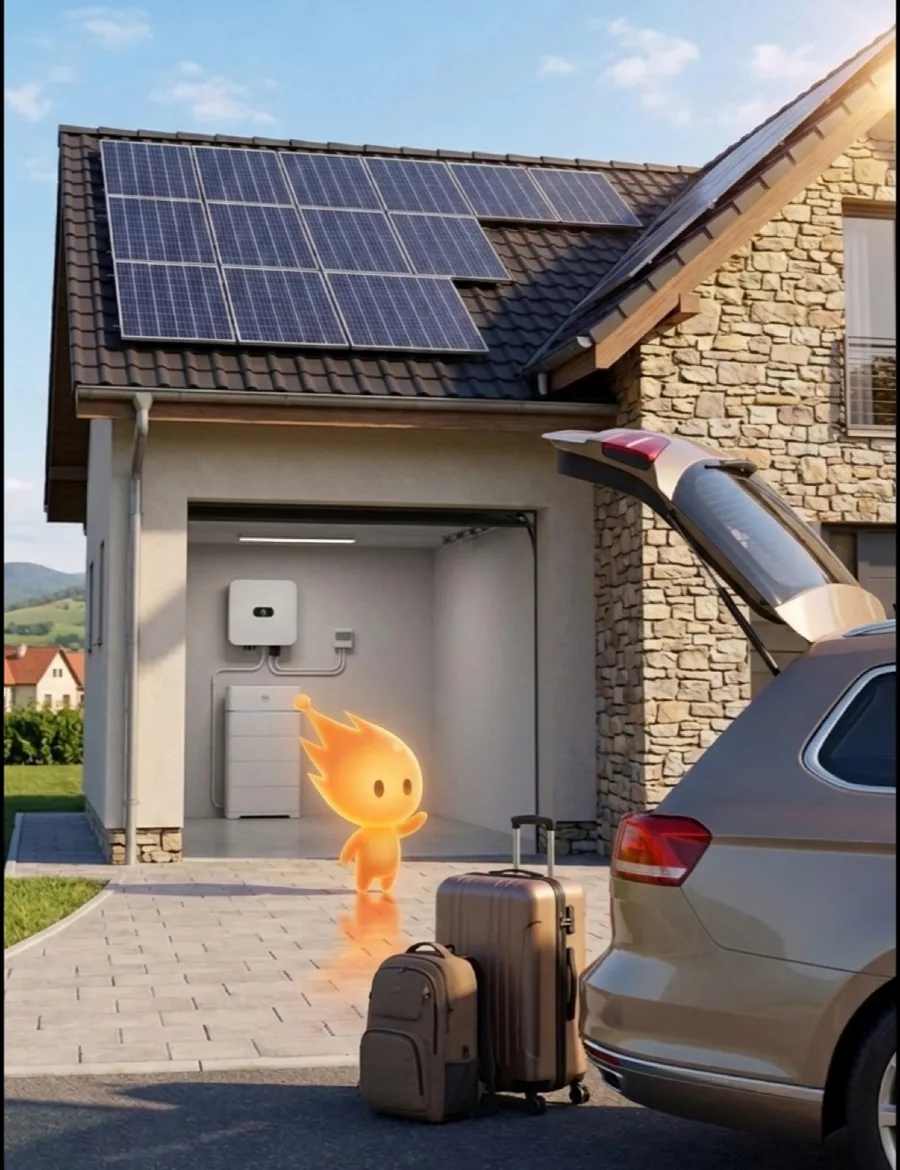 Familia pleacă în vacanță cu bagajele la mașină, iar Spark rămâne de gardă în garaj lângă invertor