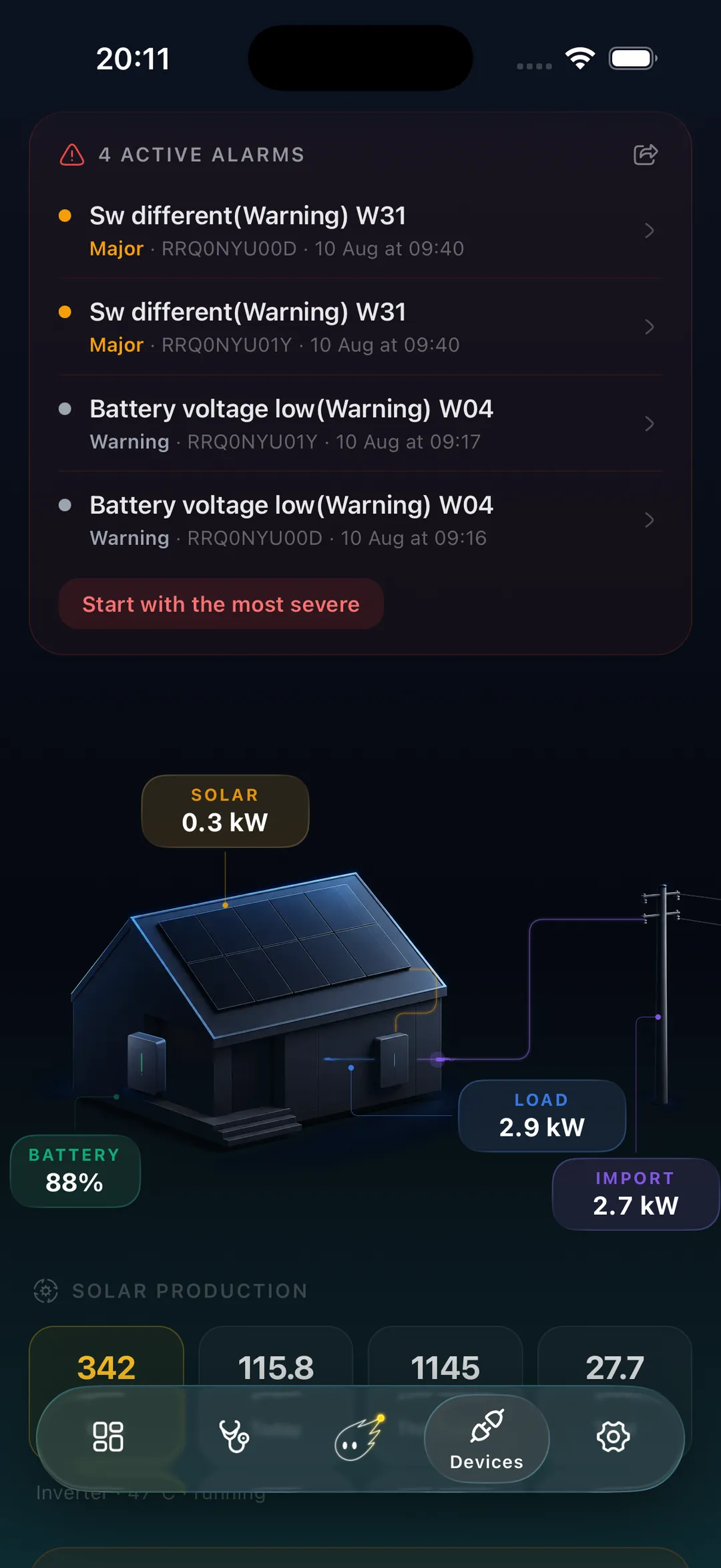 Alarme active în Spark, ordonate după severitate, cu fluxul de energie al casei